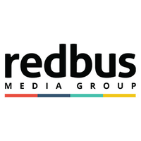 Redbus Media groups logo. A line consisting of red, navy, teal and yellow segments underlines the text.